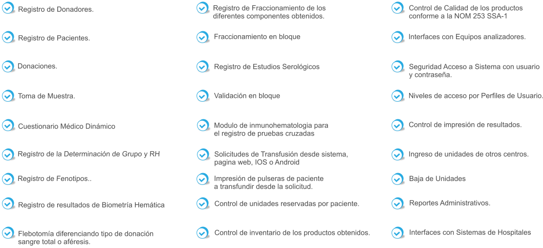 Registro de Donadores. Registro de Pacientes. Toma de Muestra.  Cuestionario Médico Dinámico Registro de la Determinación de Grupo y RH  Registro de Fenotipos..  Registro de Fraccionamiento de los  diferentes componentes obtenidos.   Donaciones. Interfaces con Equipos analizadores.   Seguridad Acceso a Sistema con usuario  y contraseña.   Niveles de acceso por Perfiles de Usuario.    Control de Calidad de los productos conforme a la NOM 253 SSA-1   Control de impresión de resultados.    Ingreso de unidades de otros centros.   Baja de Unidades   Reportes Administrativos.   Registro de Estudios Serológicos    Validación en bloque    Fraccionamiento en bloque   Interfaces con Sistemas de Hospitales     Registro de resultados de Biometría Hemática Flebotomía diferenciando tipo de donación sangre total o aféresis. Modulo de inmunohematologia para  el registro de pruebas cruzadas   Solicitudes de Transfusión desde sistema, pagina web, IOS o Android   Impresión de pulseras de paciente  a transfundir desde la solicitud.   Control de unidades reservadas por paciente.    Control de inventario de los productos obtenidos.